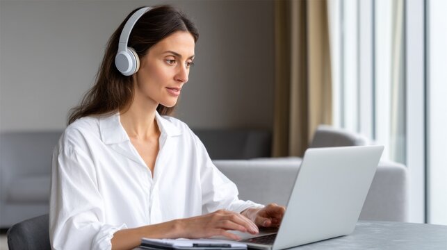 Focused businesswoman working remotely using laptop and headphones