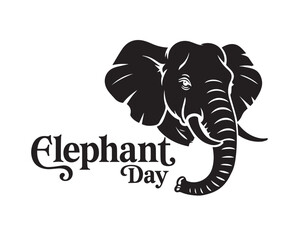 Black and white elephant face above decorative Elephant Day text on transparent background
