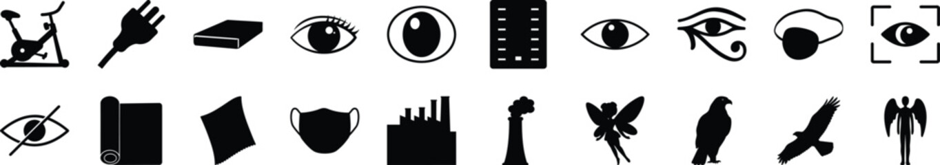 Silhouette Icons pack of Eyes, Objects, and Surveillance Black silhouette icons featuring eyes, surveillance themes, birds, industrial objects, and symbols for vision, privacy, and observation.

