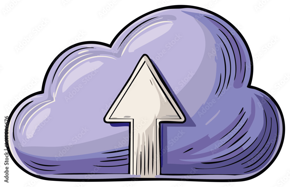 Poster lilac cloud with ascending arrow: data upload concept, cloud computing, networking, isolated