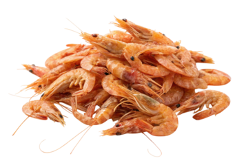 Pile of raw pink shrimp isolated on transparent background