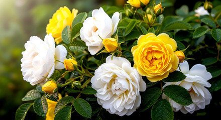 A Duet of Blooms: The Sun-Kissed Yellow and Ivory White Roses, Bathed in Gentle Light

