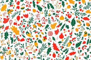 Festive pattern of small, colorful botanical elements on a white background