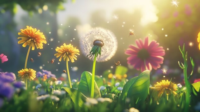 Fototapeta Colorful flowers in a meadow bathed in sunlight, with dandelions and butterflies.