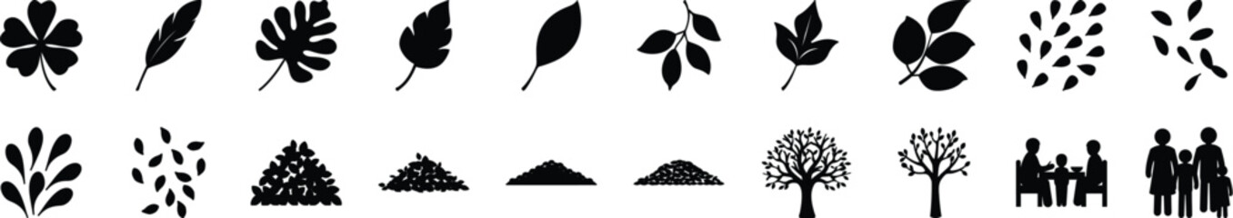 Nature and People Silhouette Icons pack Collection Set of black silhouette icons featuring various leaves, trees, mountains, and human figures for eco, outdoor, or lifestyle themes.


