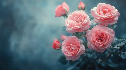 Romantic Pink Roses on Blue Floral Wallpaper, Spring Nature Love Theme