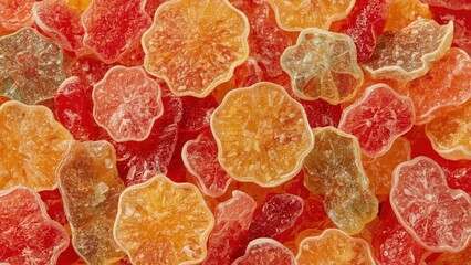 Freeze Dried Candy. Colorful gummy candies in flower shapes, sweet tre