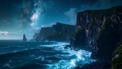 Dramatic night seascape with dramatic cliffs and starry sky