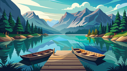 Serene mountain lake with wooden dock and boats