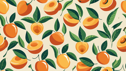 Seamless pattern peach fruit and leaves on isolated a white background for Fashionable textile, book cover, Digital interface, print design templates material,gold, leaf, draw, elegant, graphic, 
