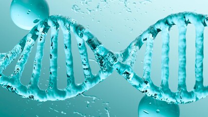 Looped 3D animation of a transparent DNA helix made of water rotating on a blue background. Symbolizing genetics, biotechnology, purity, innovation, and scientific or cosmetic research.	
 - Powered by Adobe