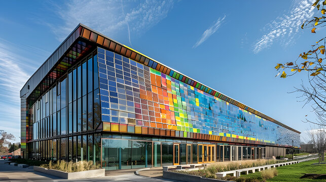 Exterior view of a modern building with colorful glass panels under a bright blue sky on a sunny day .