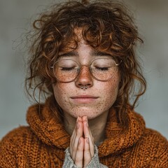 Young Woman with Red Hair Practicing Gratitude Meditation