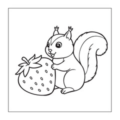 Cute Squirrel with a Large Strawberry, Animal Coloring Page

