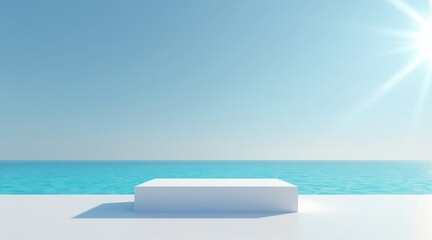 Empty white podium on a beach with bright sun and blue ocean background