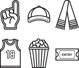 Basketball Fan Essentials Line Icon Set  Jersey, Foam Finger, Cap, Scarf, Popcorn, and Game Ticket Symbols