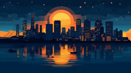 Fototapeta premium Cityscape at sunset reflected in calm water, with a bridge and stars.