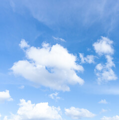 Low angle view and full frame of beautiful blue sky with strange shape of fluffy white clouds in the afternoon on sunny day used as natural background texture in decorative art work