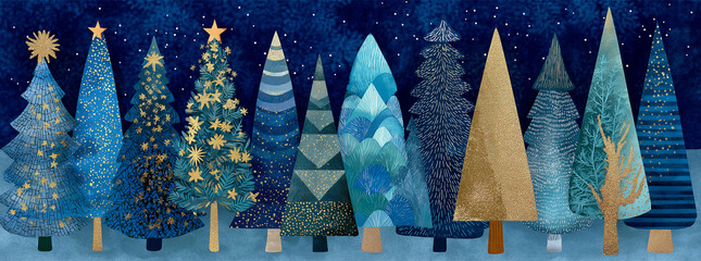 A festive blue holiday illustration featuring stylized Christmas trees in shades of blue, gold, and green, surrounded by white snowflakes.