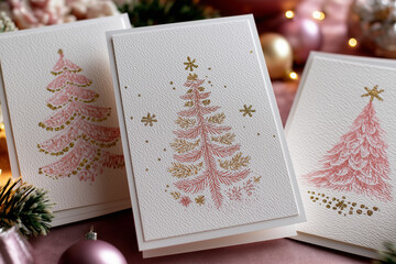 Elegant Christmas cards featuring pink and gold stylized trees with golden stars, set on textured paper, surrounded by glittery ornaments and soft festive decor.