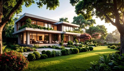 Modern house nestled in lush garden