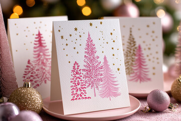 Elegant Christmas cards featuring pink and gold stylized trees with golden stars, set on textured paper, surrounded by glittery ornaments and soft festive decor.