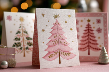 Elegant Christmas cards featuring pink and gold stylized trees with golden stars, set on textured paper, surrounded by glittery ornaments and soft festive decor.