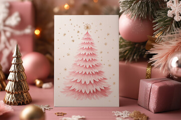 Elegant Christmas cards featuring pink and gold stylized trees with golden stars, set on textured paper, surrounded by glittery ornaments and soft festive decor.