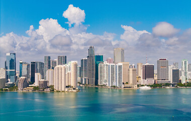 Fototapeta premium Aerial view of Brickell skyline in downtown Miami. Skyscrapers above Miami. Scenic panorama of Miamis financial district. Brickell in Miami city. Miami Urban landscape with buildings cityscape.