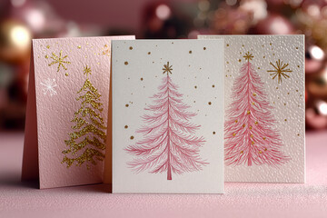 Elegant Christmas cards featuring pink and gold stylized trees with golden stars, set on textured paper, surrounded by glittery ornaments and soft festive decor.