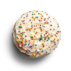 Round cupcake, topped with swirls of white frosting and colorful sprinkles