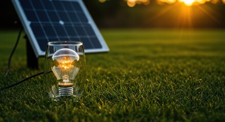 A glowing light bulb in a glass, a solar panel, and lush green grass at sunset