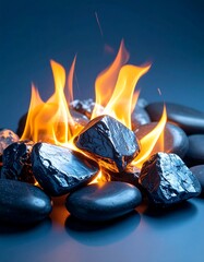 Fiery orange flames engulf dark, metallic rocks nestled amongst smooth, dark stones