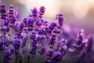 Obraz premium Purple Lavender Flowers in Field at Sunset, for Aromatherapy or Relaxation background