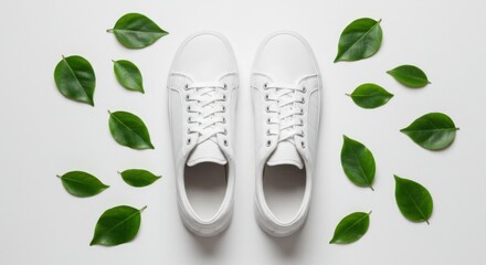 Crisp white canvas shoes symmetrically arranged with scattered green leaves on a pristine white surface