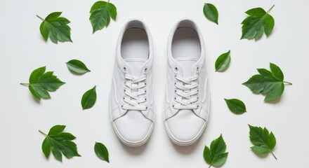 Pair of clean white sneakers surrounded by fresh green leaves on a bright white background