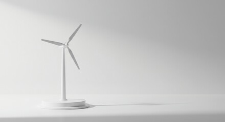 A minimalist white model of a wind turbine stands on a clean white surface with subtle shadows
