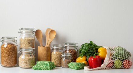 Assortment of dry goods in glass jars, fresh produce, and eco-friendly kitchen essentials