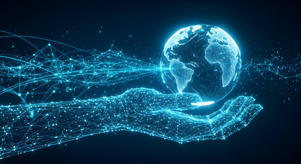 Digital Hand Holding Glowing Globe: Global Connectivity and Data Network Concept