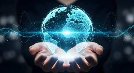 Digital Globe in Human Hands Representing Global Network and Data Connectivity on Dark Background
