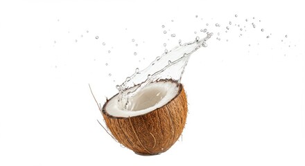 A halved coconut with a clear, dynamic water splash arcing from its interior on a white background