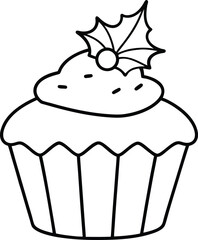 Festive christmas cupcake line art vector illustration