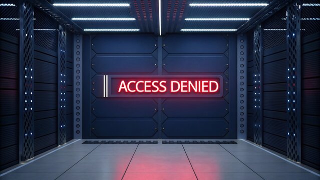 Illuminated access denied sign on a closed door in a server room, symbolizing cybersecurity and data protection concept - Powered by Adobe