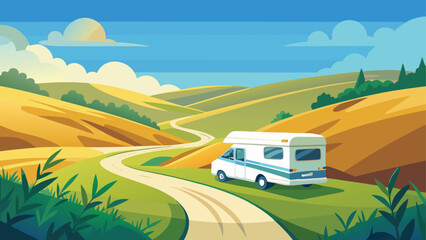 Camper van on a winding road through rolling hills