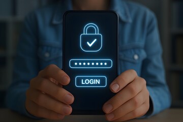Person holding smartphone with glowing login screen and lock icon hands