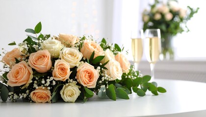 Elegant floral arrangement on a white table with champagne flutes