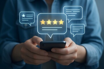 Person holding smartphone with glowing review bubbles hands