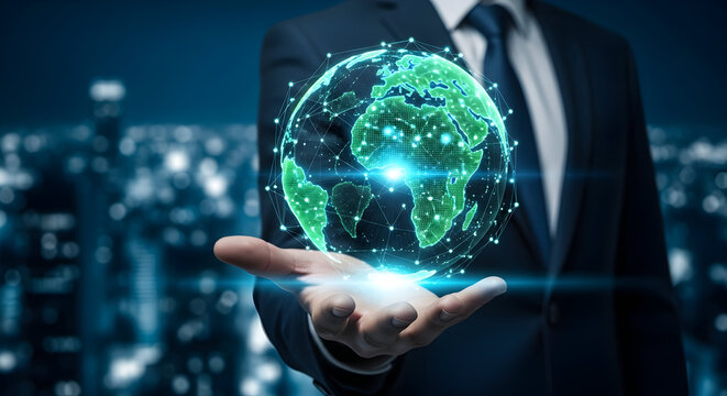 Businessman Holding Glowing Digital Earth with Global Network Connections