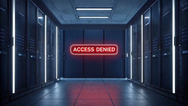 Illuminated access denied sign on a closed door in a server room, symbolizing cybersecurity and data protection