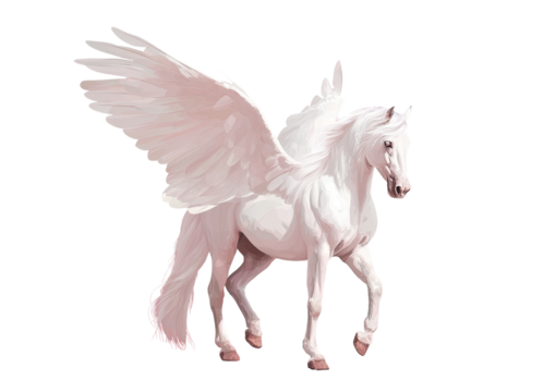 A winged horse, pure white, in profile view.  Large wings, flowing mane and tail.  Digital art style